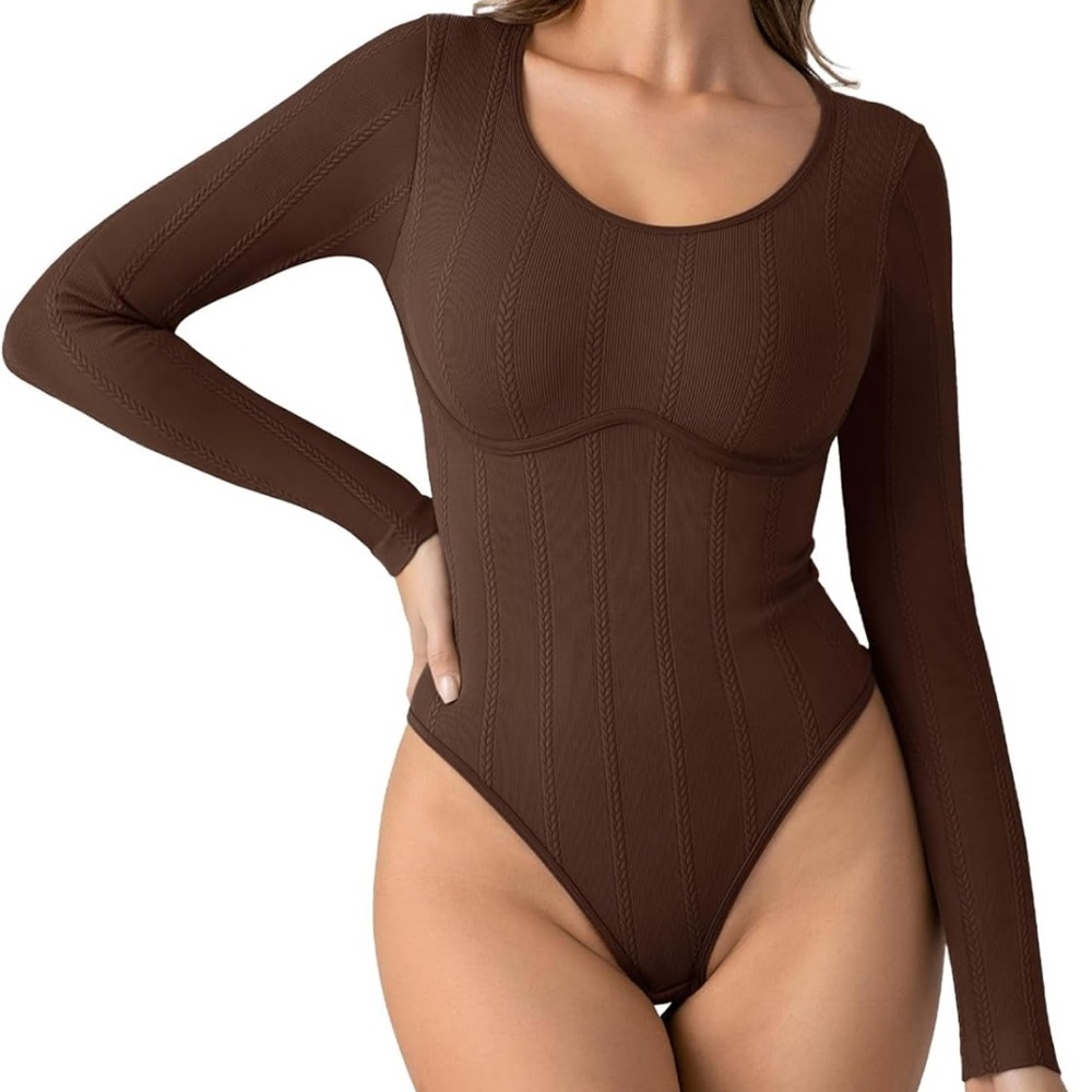 NWT PINKMSTYLE Women's Sexy Scoop Neck Long Sleeve Thongs Ribbed Bodysuit